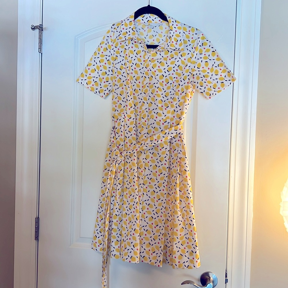 Boden Yellow & White Short Sleeve Midi Dress with Leaf Print